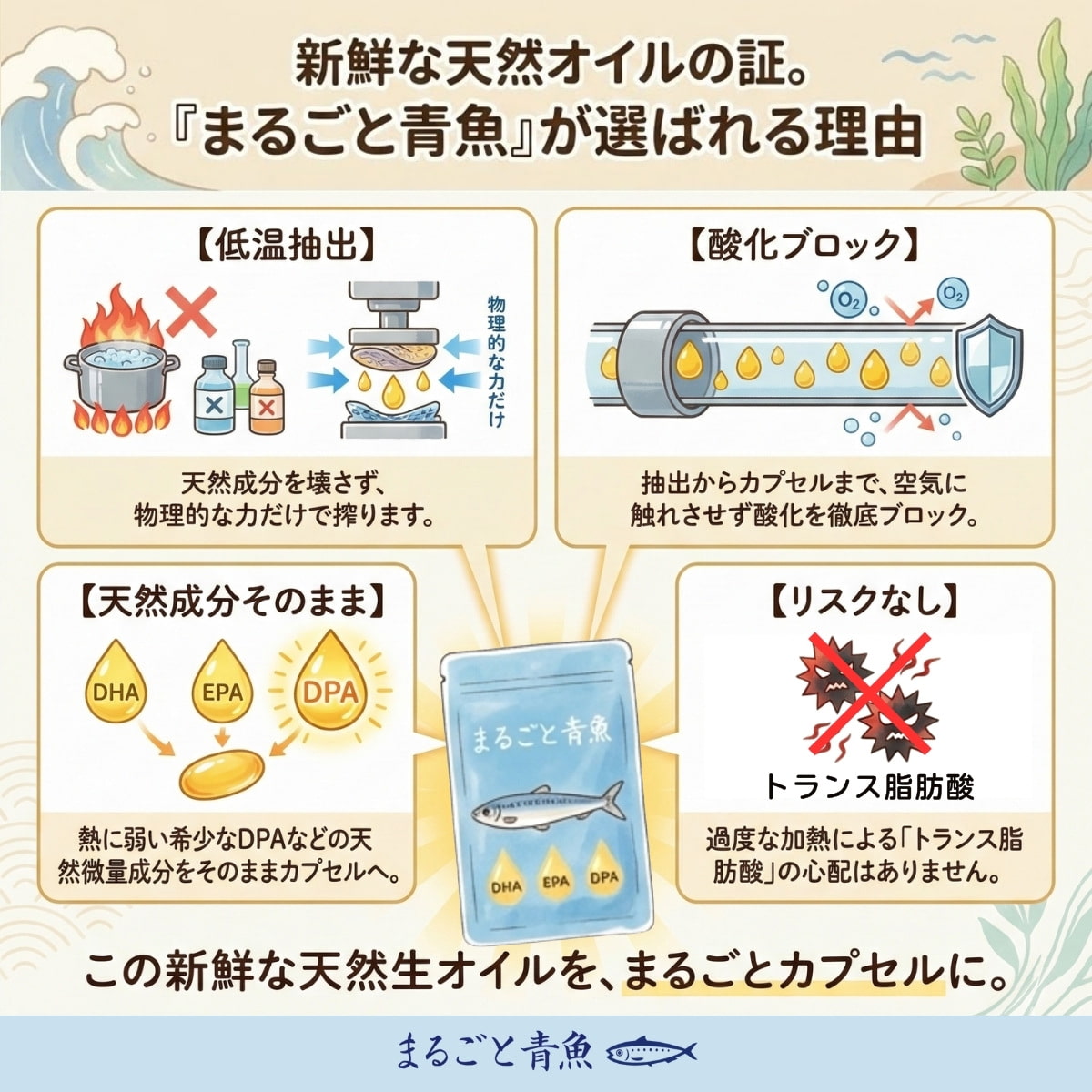 新鮮な天然オイルの証。「まるごと青魚」が選ばれる理由