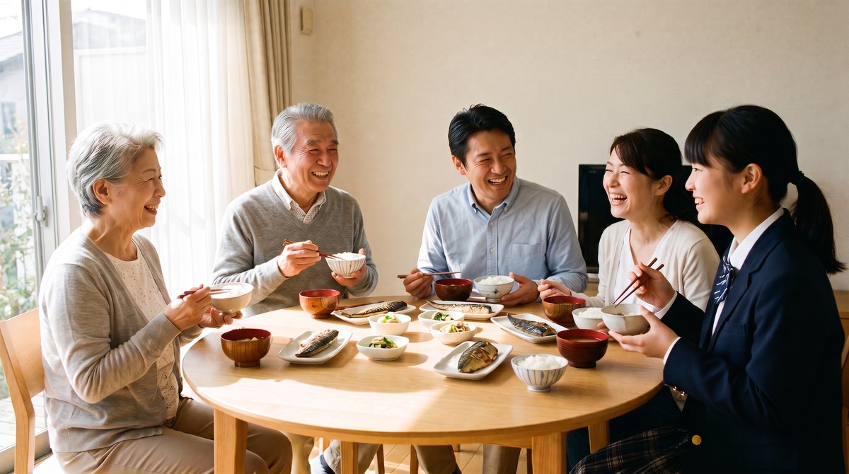 食卓を囲んで談笑する3世代の家族