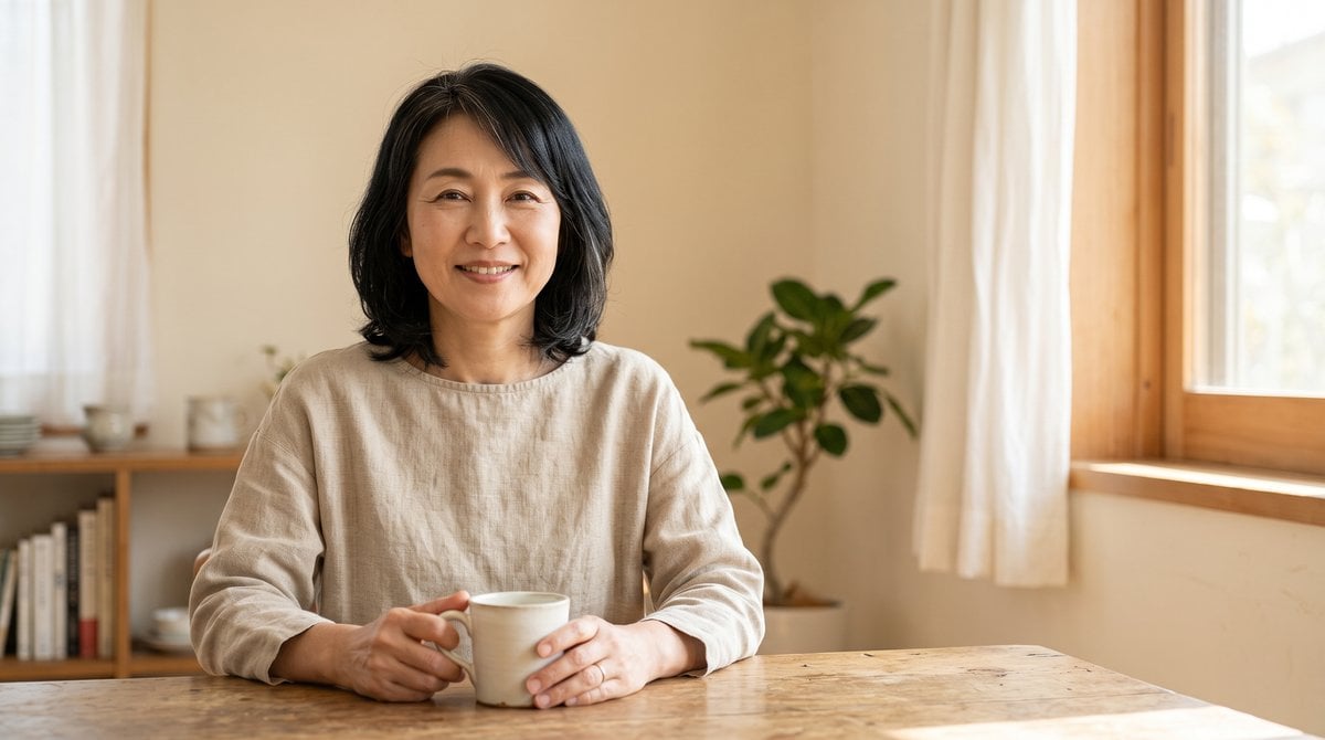朝の光の中で穏やかに前を見て微笑む女性