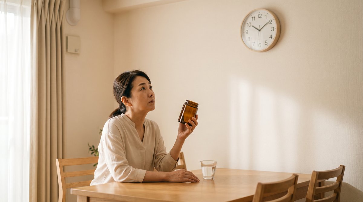 朝のダイニングで、小瓶を手にしたまま壁の時計を見上げて考える女性