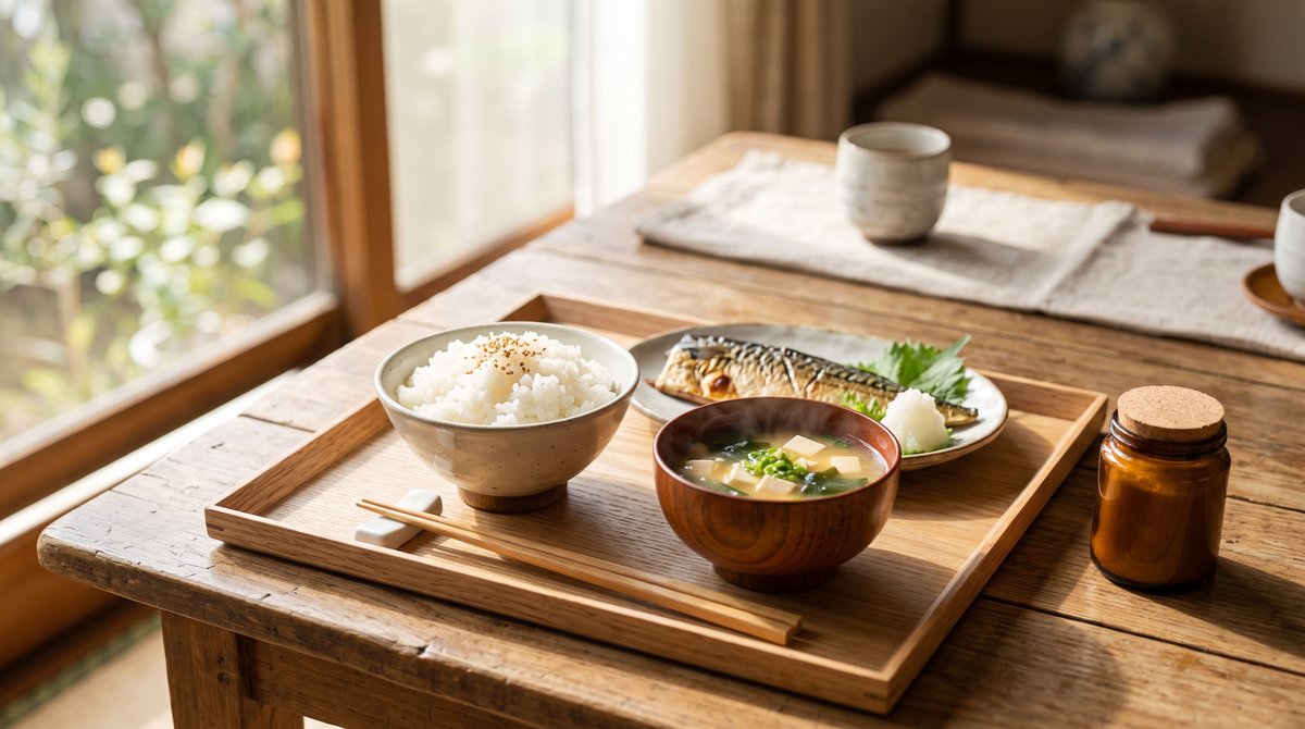 朝の光が差し込むテーブルに並んだ和朝食