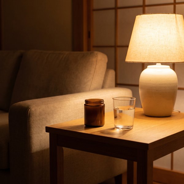 夜のリビングのサイドテーブルに置かれた小瓶と水のグラス