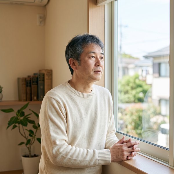 窓辺で一息つきながら考えごとをする男性