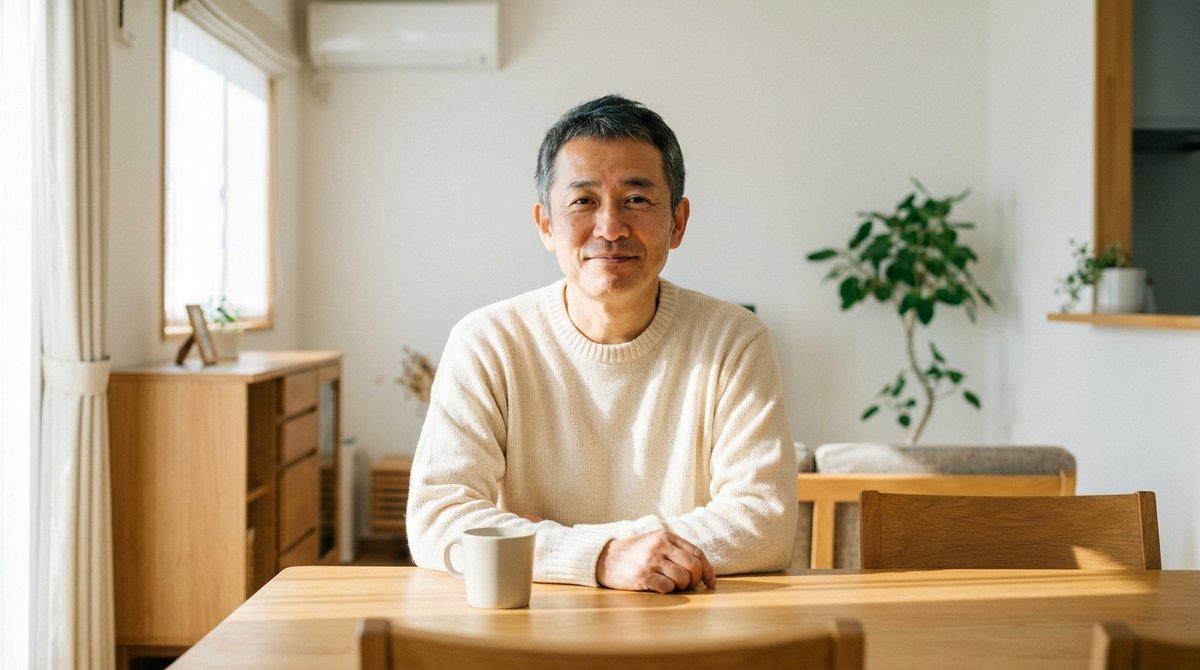 朝のダイニングで穏やかな表情で前を見る50代の男性