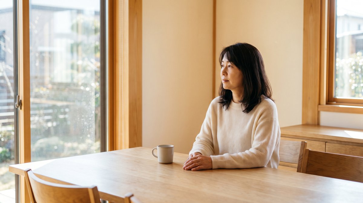 昼のダイニングで窓の外を見ながら一息つく50代の女性