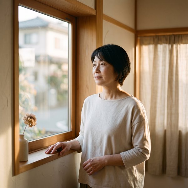 夕方の窓辺に立ち、静かに外を眺める女性