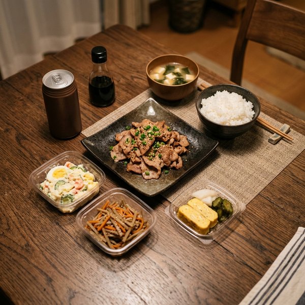 夜の食卓に並んだ肉料理と惣菜