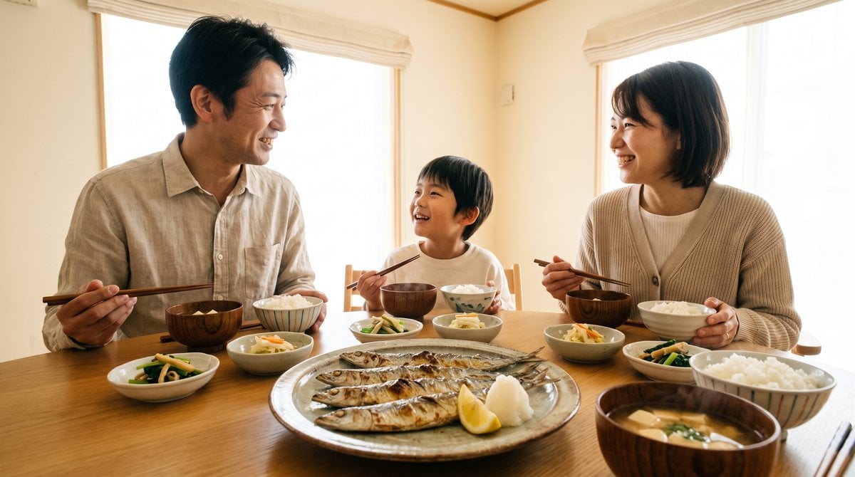 焼き魚を囲んで、笑顔で食事をする家族