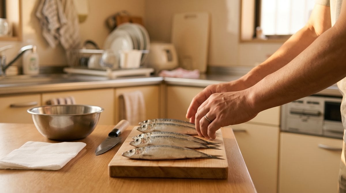 夕方の台所で、まな板の上のイワシの下処理をする手元