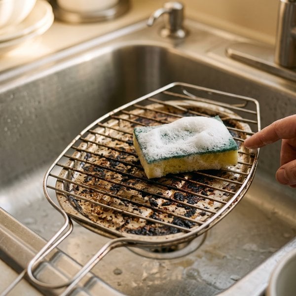 魚を焼いたあと、脂のこびりついたグリルの網を洗う手元