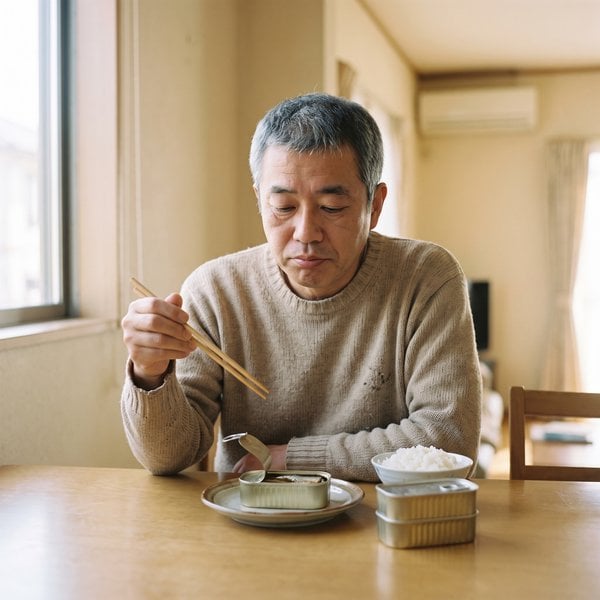 食卓に並んだイワシの缶詰と、箸を止めて考え込む男性