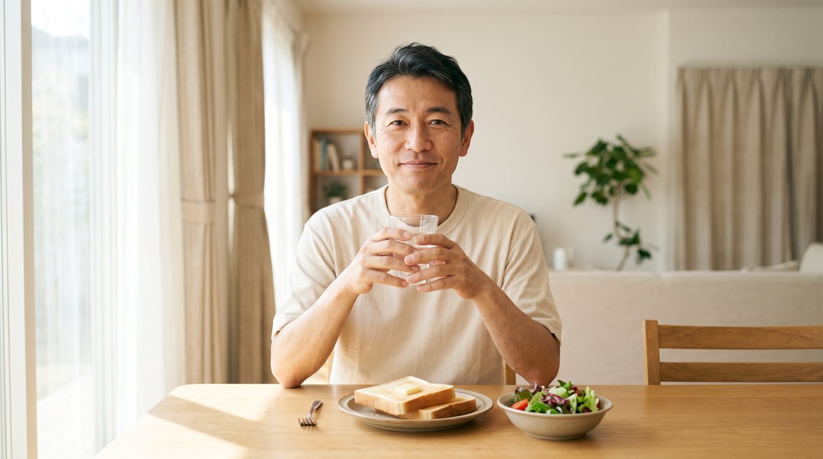 朝の食卓で水のグラスを手に、穏やかな表情の男性