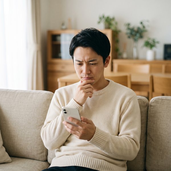 自宅でスマートフォンを見ながら考えこむ人