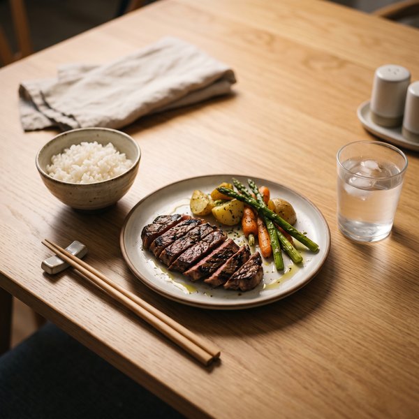 食卓で焼き魚ではなく肉料理が並んでいる様子