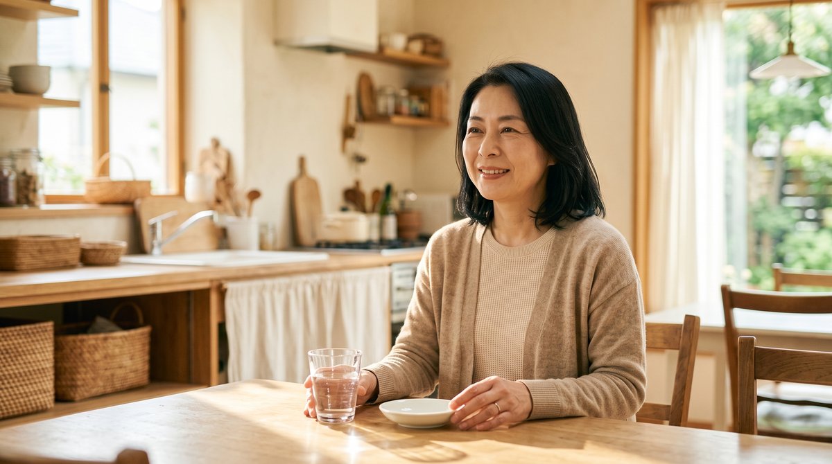 朝の食卓で水のグラスを前に穏やかに微笑む女性