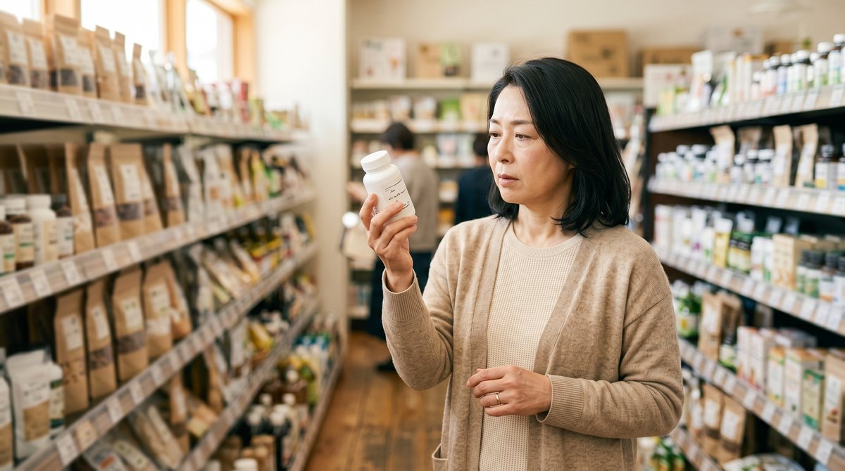 店頭でオメガ3サプリメントを手に取り、どれを選ぶか迷っている様子