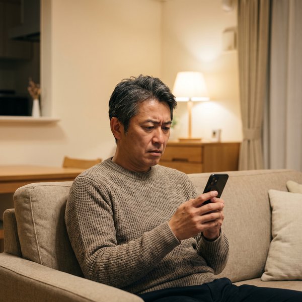 ソファでスマートフォンの記事を見て不安そうな表情の男性