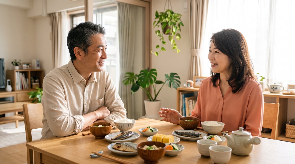 休日の朝、明るいダイニングで焼き魚の和朝食を楽しむ40代の夫婦
