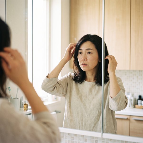 朝の洗面所の鏡の前で、手で髪を整えながら見つめる女性