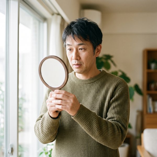 窓辺で手鏡をのぞき込み、自分の姿を確かめる男性