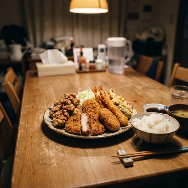 夜の食卓の大皿に、唐揚げ・とんかつ・コロッケ・エビフライが盛られた夕食