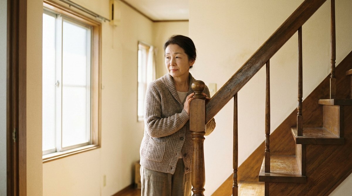 階段の上り口で手すりに手を添えて一息つく女性