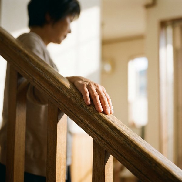階段の手すりにそっと手を添える様子