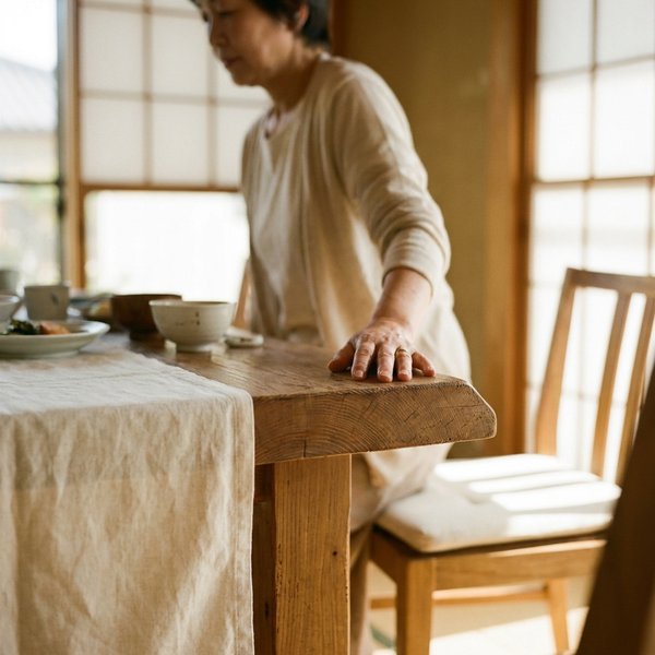 食卓のテーブルに手をついて椅子から立ち上がる女性