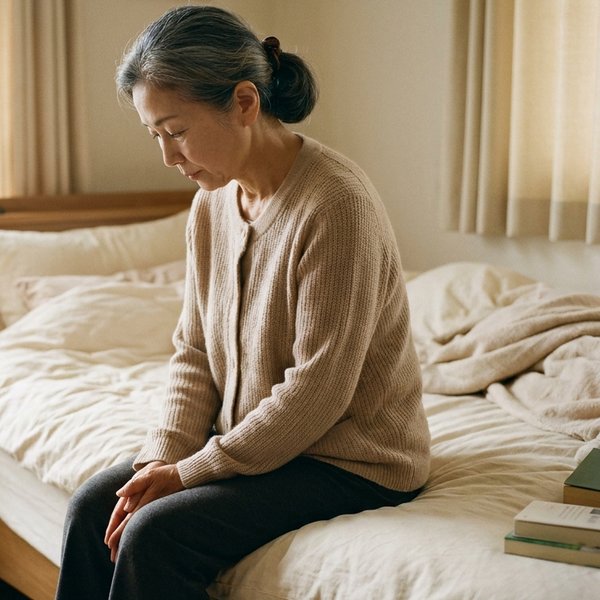 朝、ベッドの端に腰かけて手元を見つめる女性