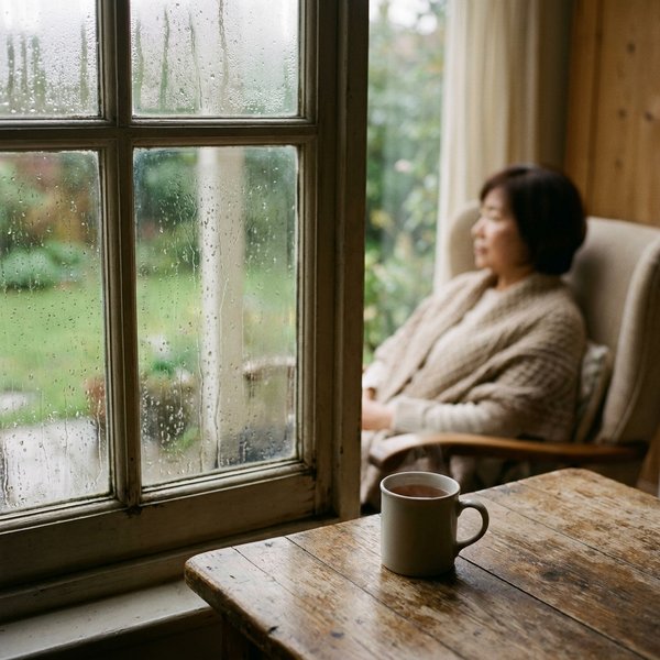 雨の窓辺に置かれたお茶と、外を眺める女性