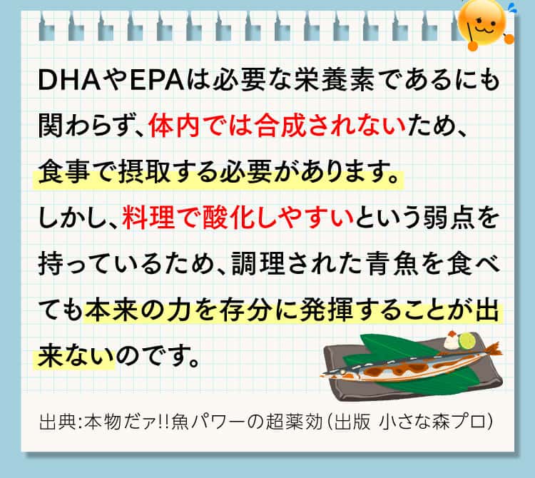 DHA・EPAは食事で摂取する必要があるにも関わらず、料理後は本来の力を発揮できない