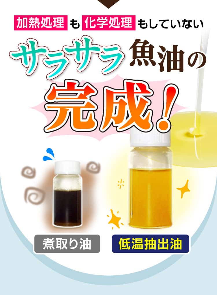 加熱処理も化学処理もしていないサラサラ魚油の完成！