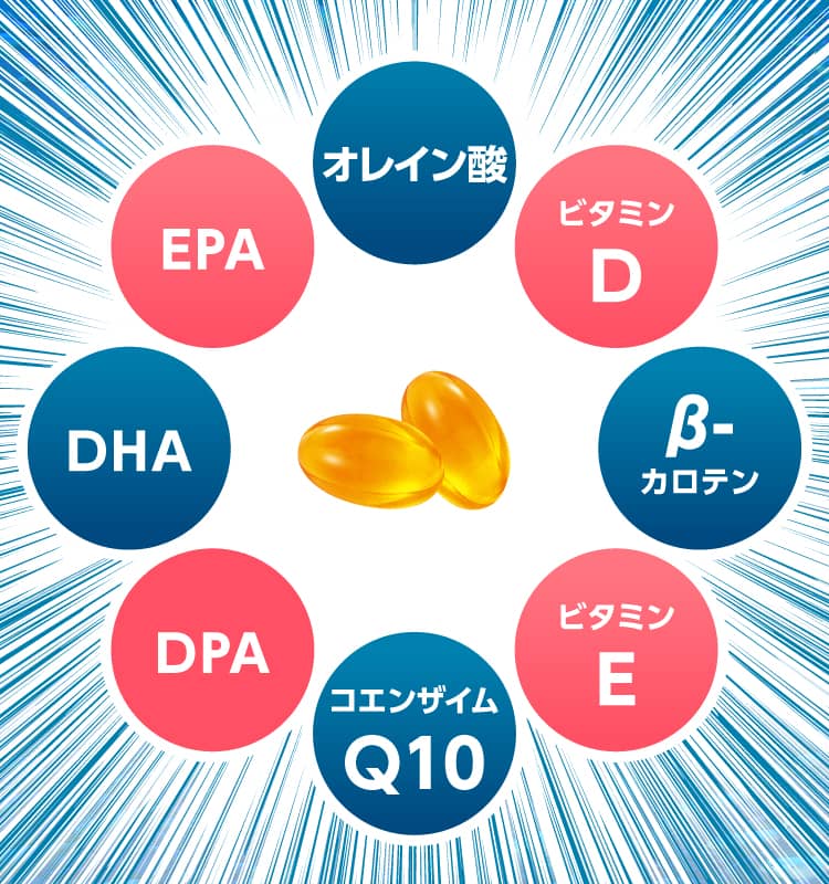 DPA,DHA,EPA,オレイン酸,ビタミンD,β-カロテン,ビタミンE、コエンザイムQ10