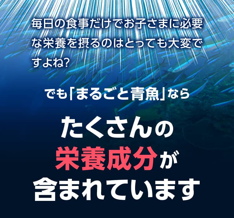 毎日の食事だけでお子さまに必要な栄養を摂るのはとっても大変ですよね？でも「まるごと青魚」ならたくさんの栄養成分が含まれています
