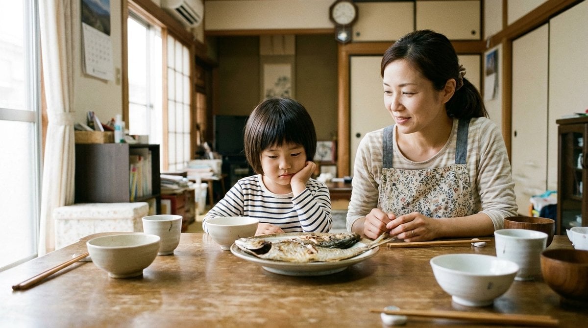 食卓で魚料理を前に困った様子のお子さまと見守る保護者