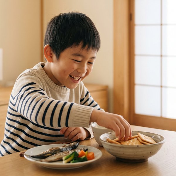 焼き魚の皿に手をつけず、お菓子に手を伸ばすお子さま