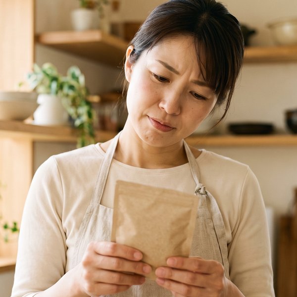 キッチンで栄養補助食品の袋を手に、迷った表情の保護者
