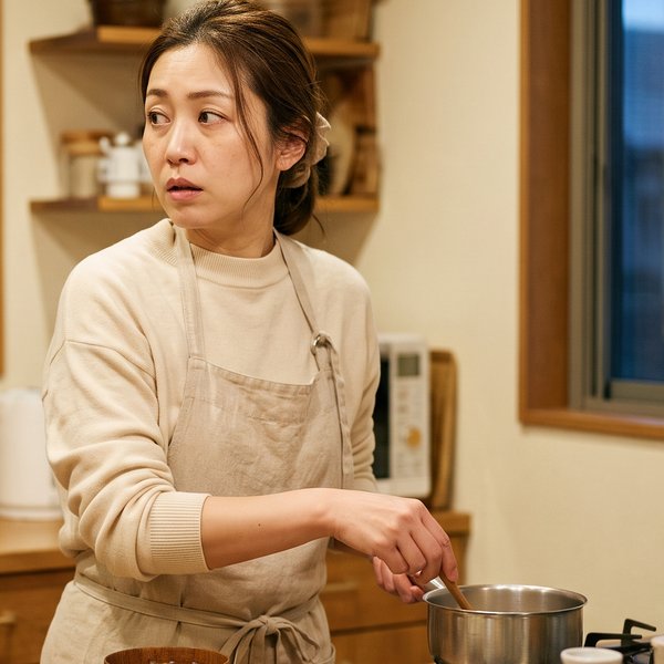 夕方のキッチンで慌ただしく夕食の支度をする保護者