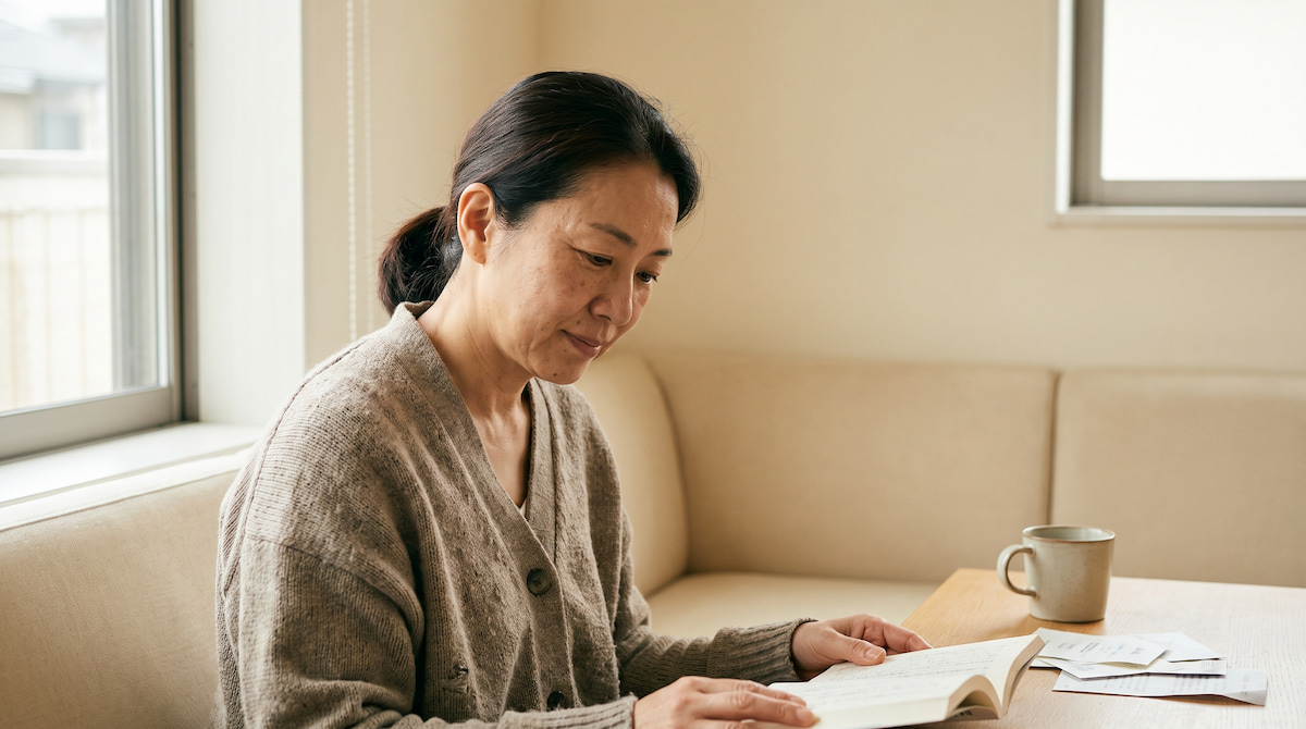 資料を手に考えごとをする女性