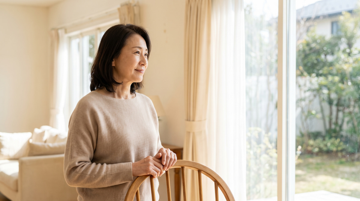 明るい部屋で穏やかに過ごす女性
