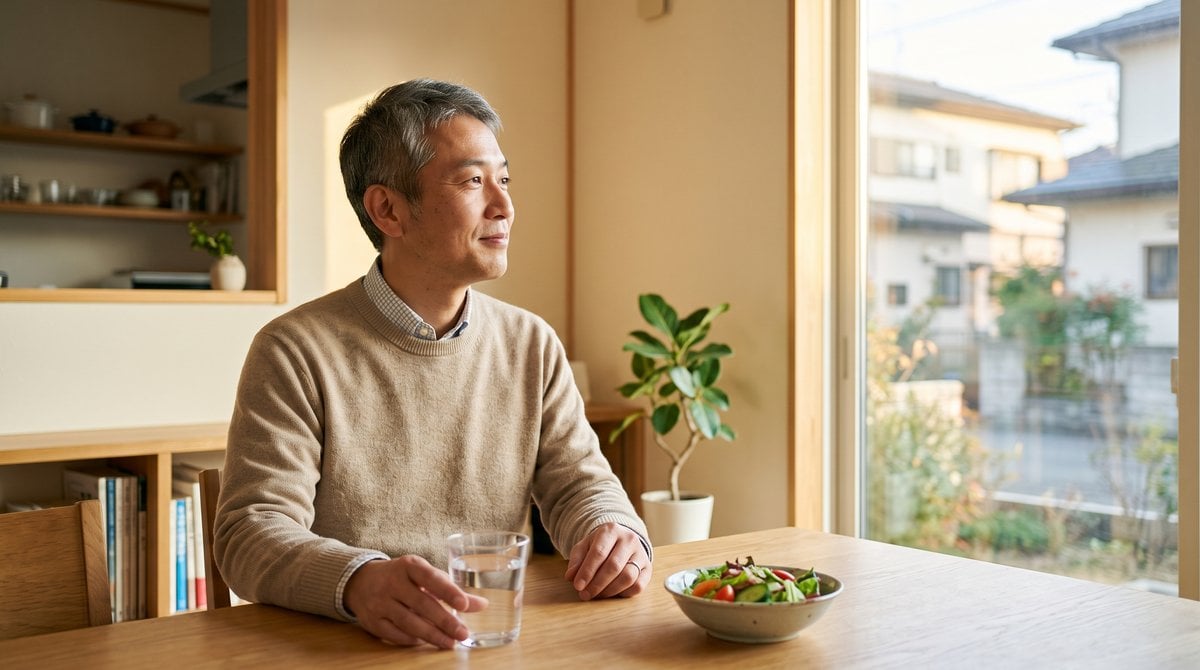 朝のダイニングで窓の外を見る男性