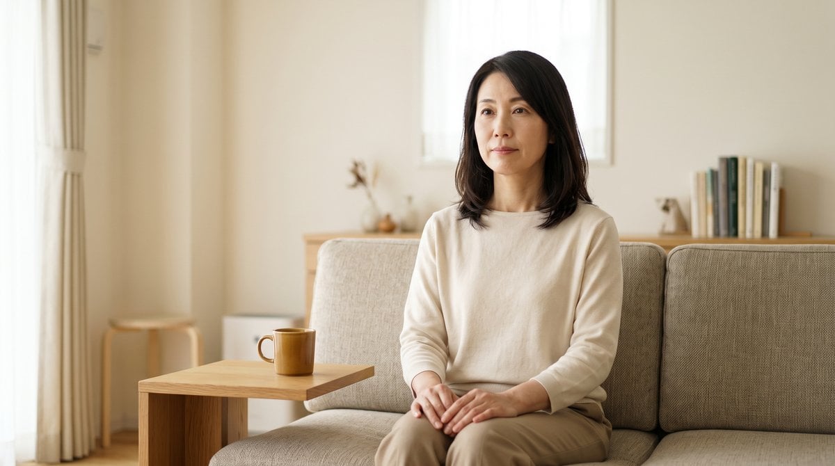 昼下がりのリビングで一息つく女性