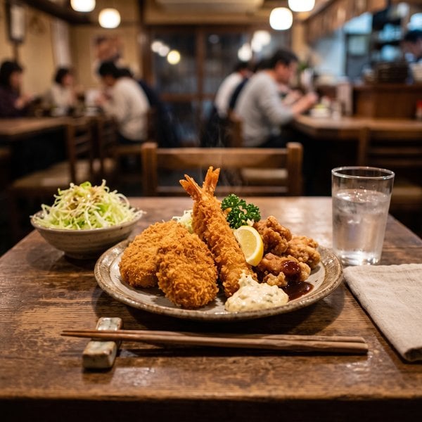 揚げ物が並ぶ外食の食卓