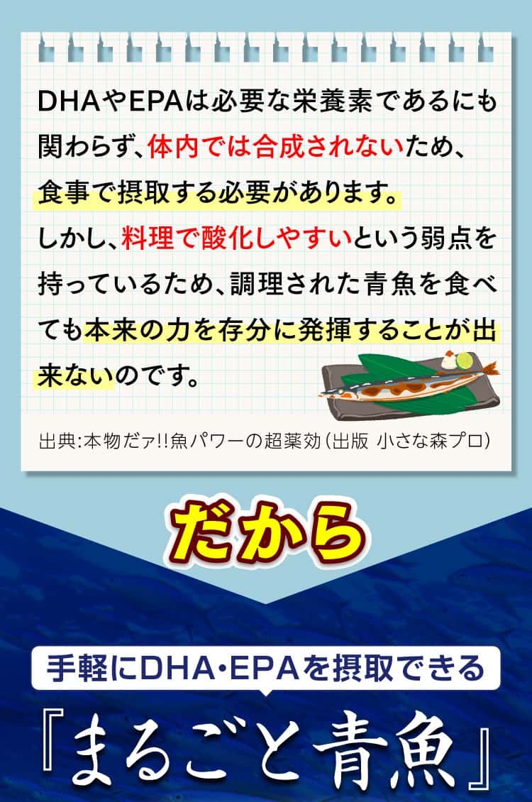 だから、手軽にDHA・EPAを摂取できる「まるごと青魚」