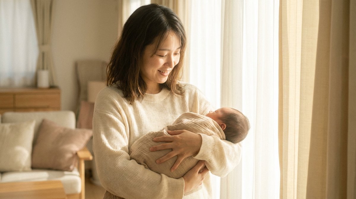 赤ちゃんを抱いて微笑むお母さんのイメージ