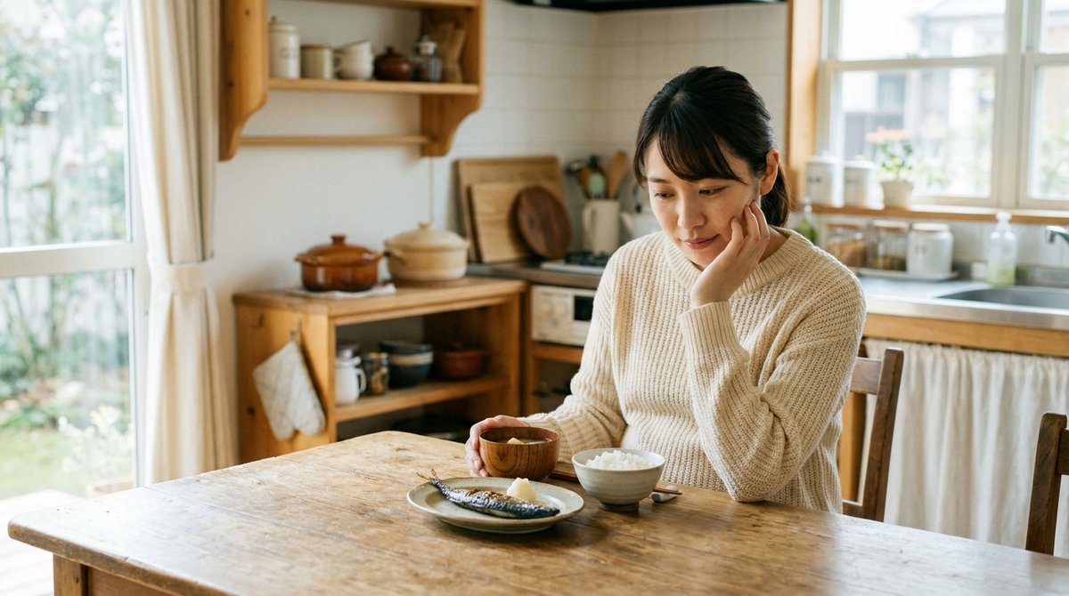 食卓で魚料理を前に、栄養が足りているか考え込む妊婦さんのイメージ