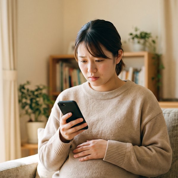 ソファでスマートフォンを見ながら不安そうな表情の妊婦さん