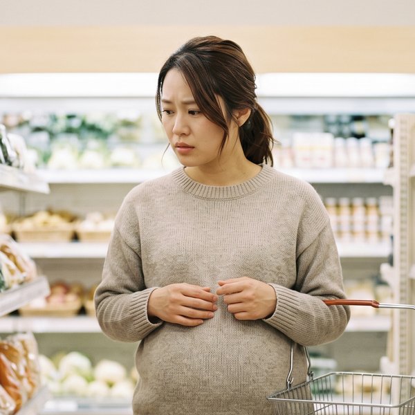店の売り場で棚の前に立ち止まり、迷った表情の妊婦さん