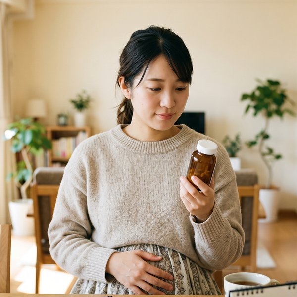 手元のサプリメントの容器を見つめ、開始時期を考えている妊婦さん