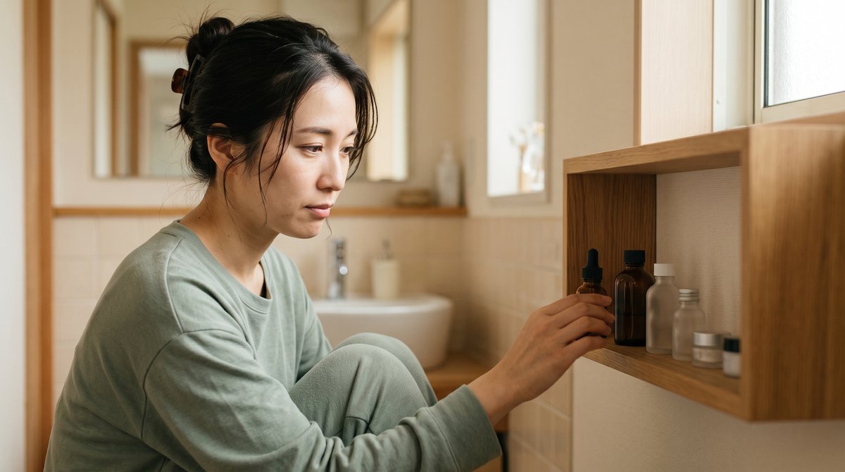 洗面所の棚に並んだ小瓶を前に、どれを使うか迷う女性